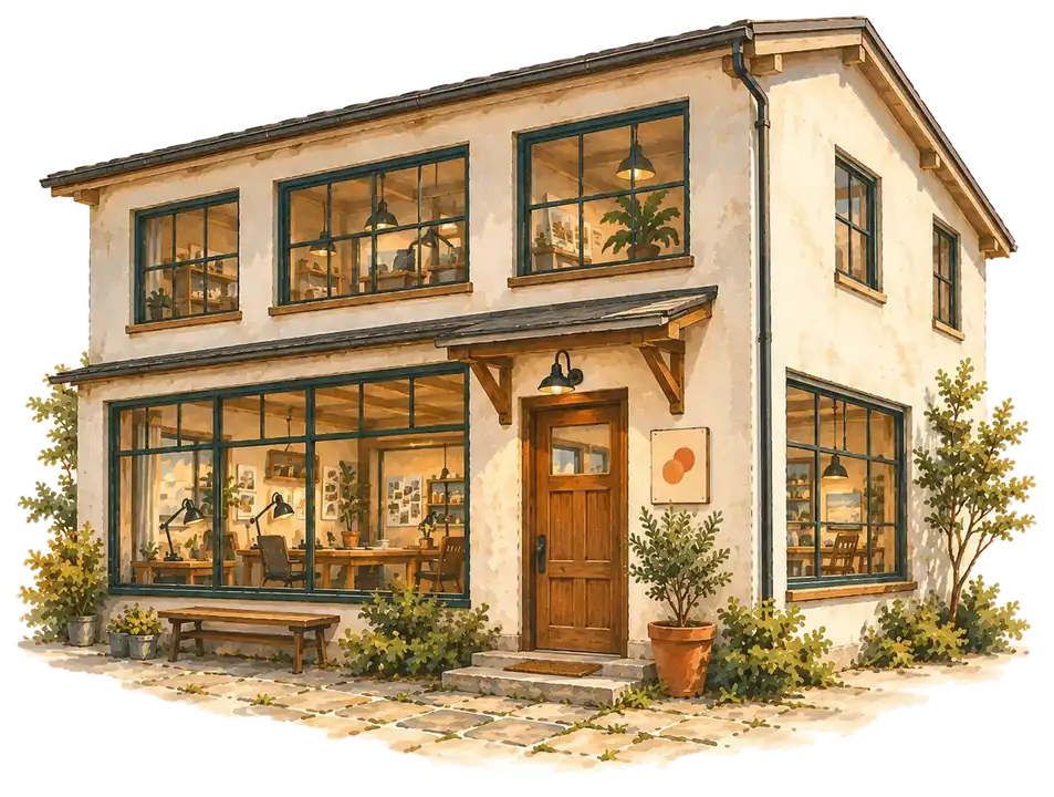 アプリコットフィルムの事務所の建物の水彩イラスト