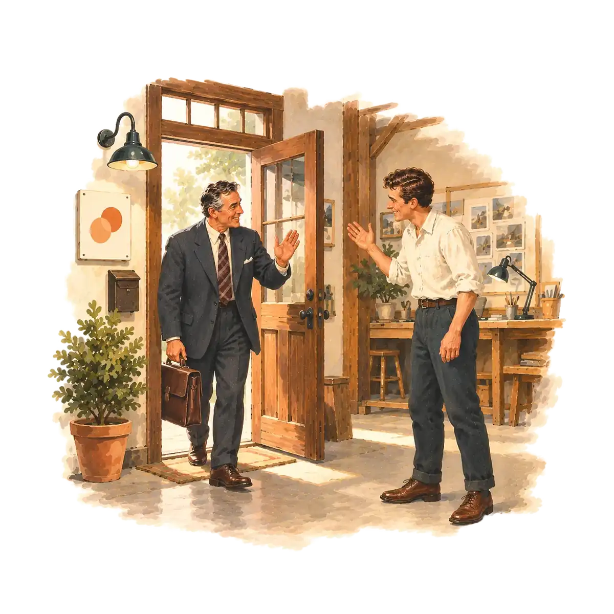 アプリコットフィルムの扉で迎えられる馴染みのお客さんの水彩イラスト