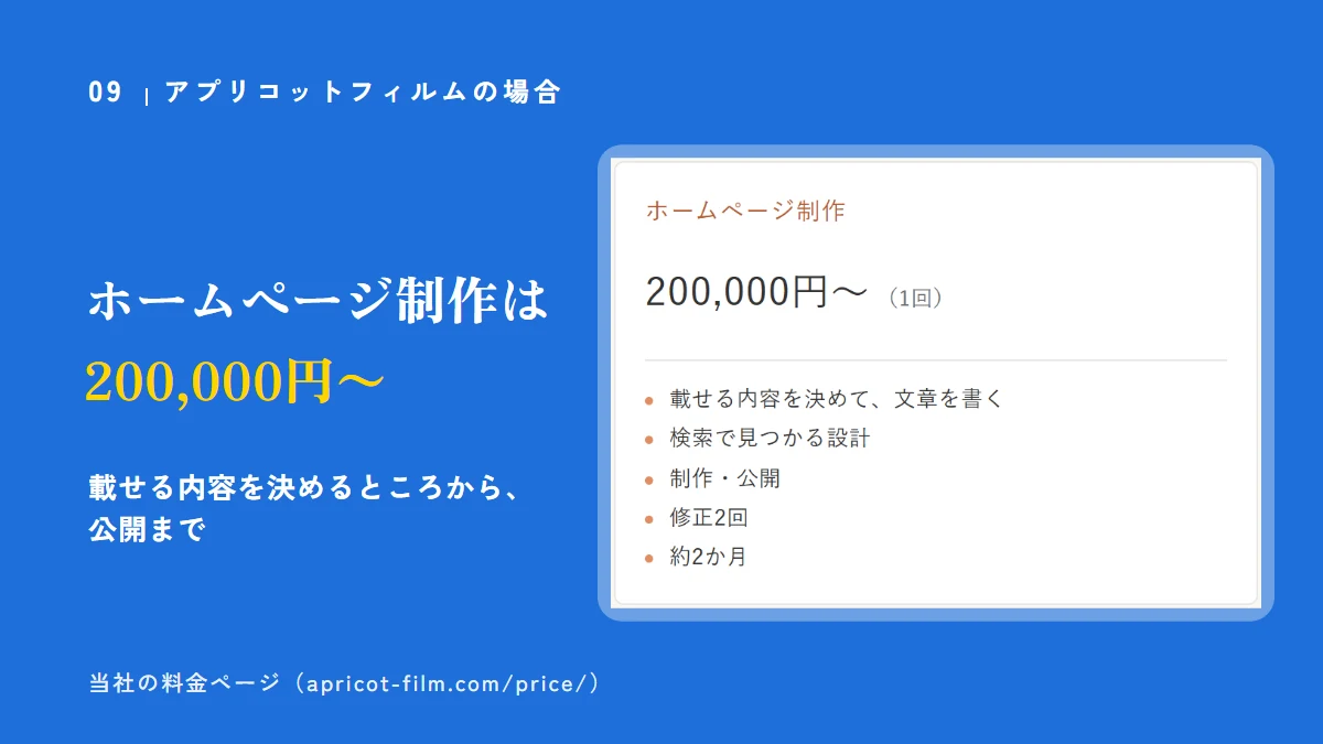 当社の料金ページの画面：ホームページ制作は200,000円〜