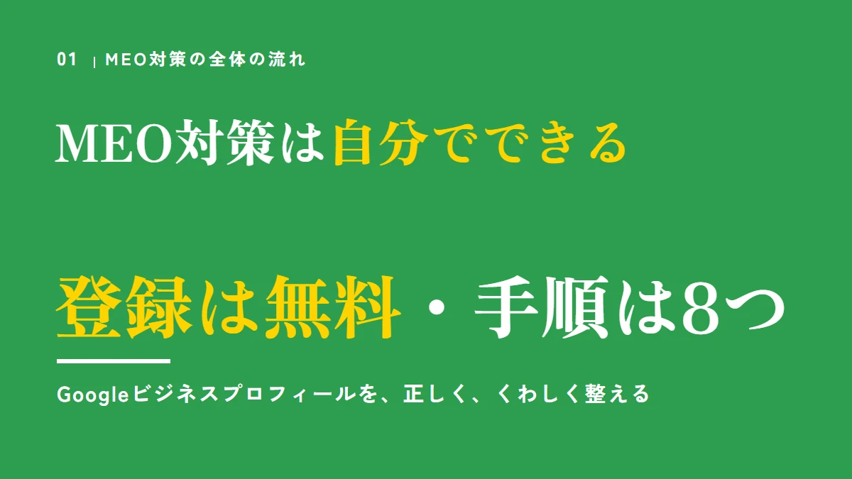 要点の図：MEO対策は自分でできる（登録は無料・手順は8つ）