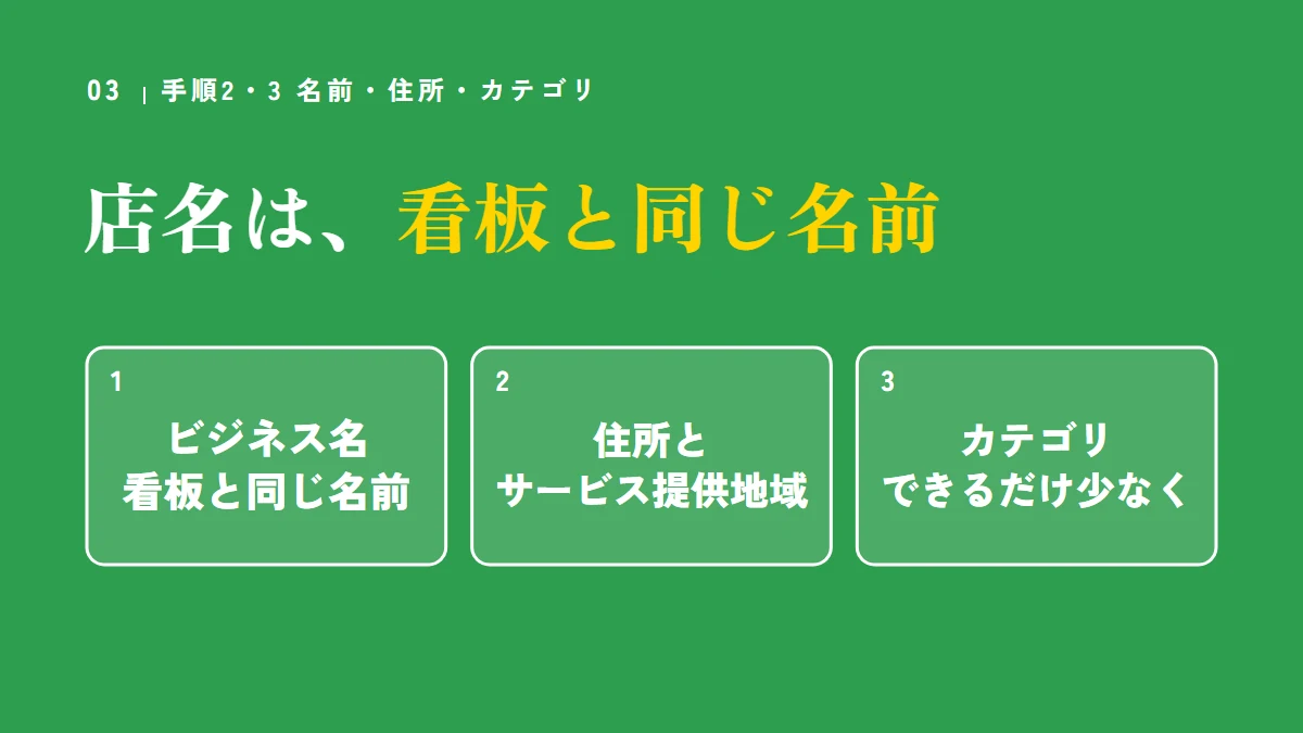 要点の図：店名は、看板と同じ名前（ビジネス名看板と同じ名前、住所とサービス提供地域、カテゴリできるだけ少なく）