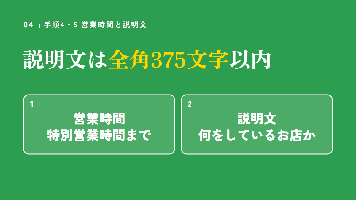 要点の図：説明文は全角375文字以内（営業時間特別営業時間まで、説明文何をしているお店か）