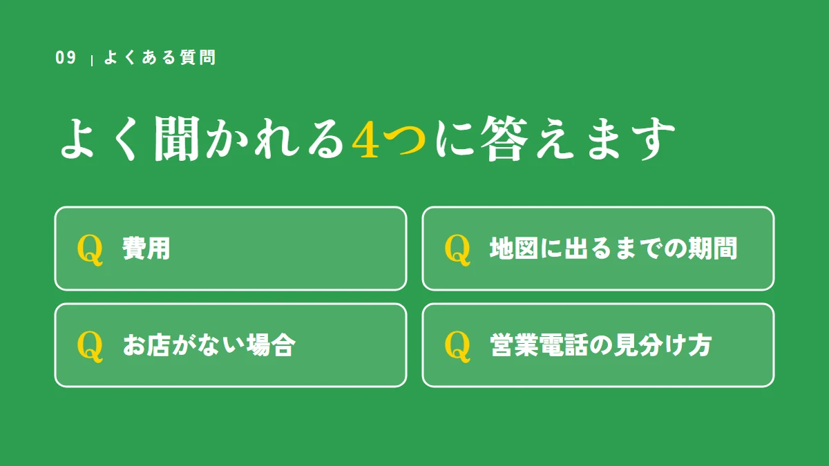 要点の図：よく聞かれる4つに答えます（費用、地図に出るまでの期間、お店がない場合、営業電話の見分け方）