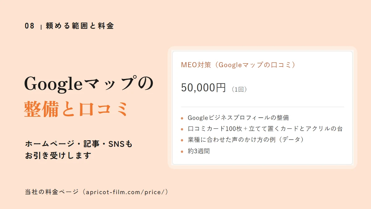 当社の料金ページの画面:Googleマップの整備と口コミ