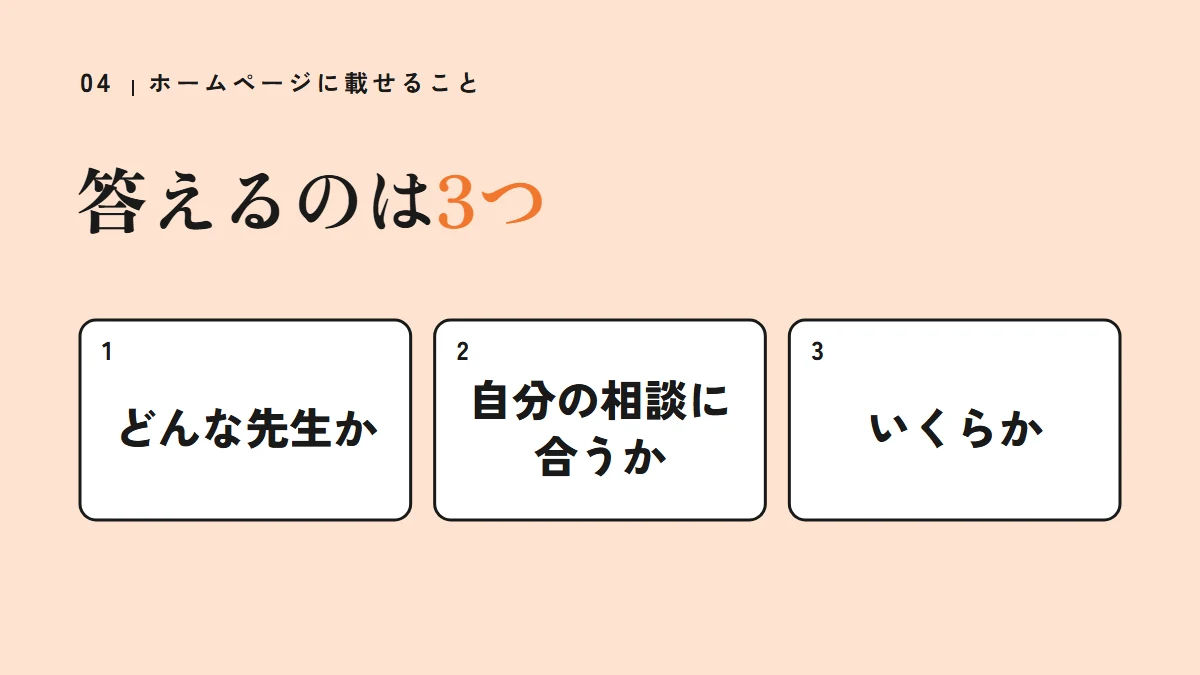 要点の図:答えるのは3つ(どんな先生か、自分の相談に合うか、いくらか)