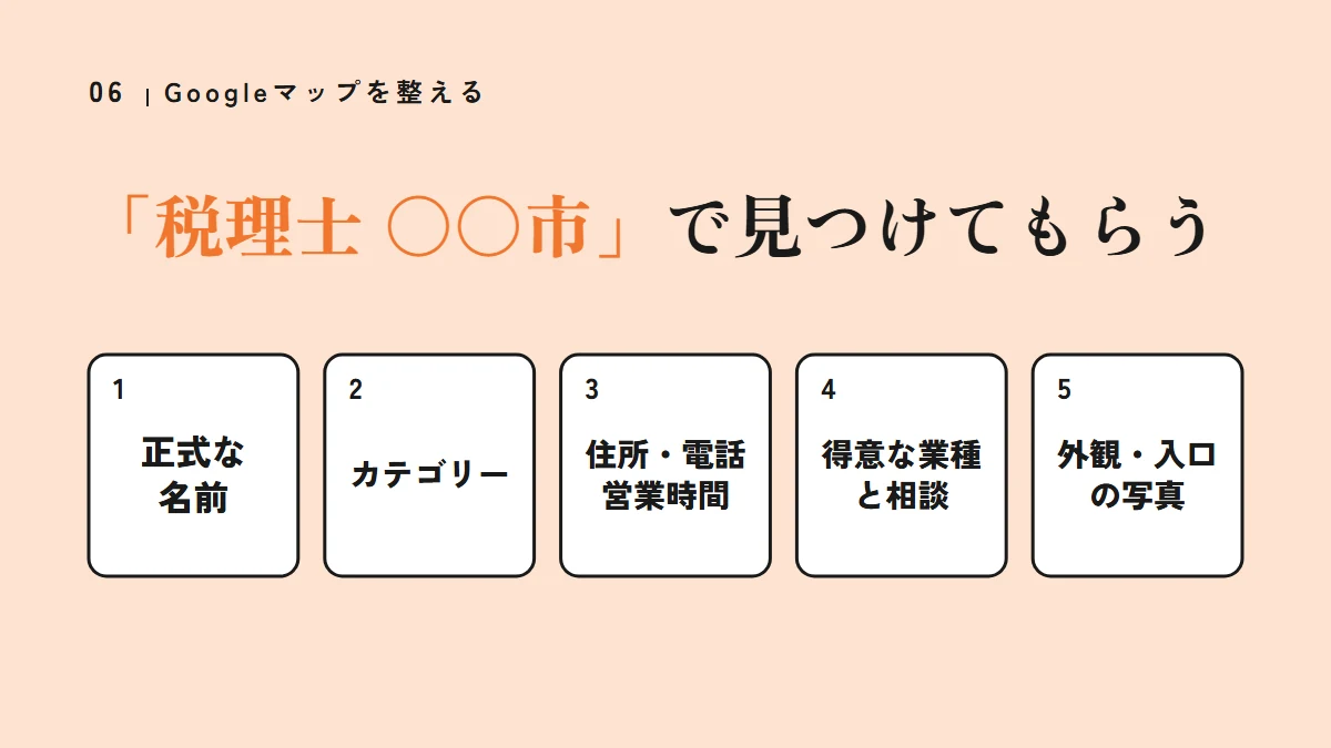 要点の図:「税理士 〇〇市」で見つけてもらう(正式な名前、カテゴリー、住所・電話営業時間、得意な業種と相談、外観・入口の写真)