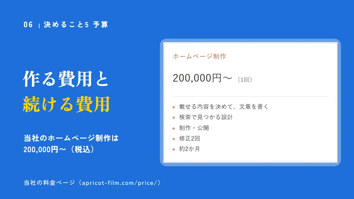 予算は作る費用と続ける費用で考える。当社のホームページ制作は200,000円〜（税込）。当社の料金ページの画面