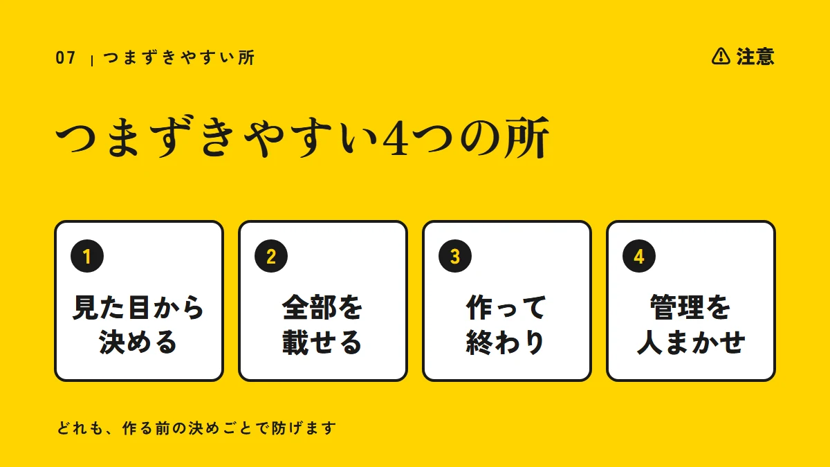 注意：つまずきやすい4つの所（見た目から決める、全部を載せる、作って終わり、管理を人まかせ）