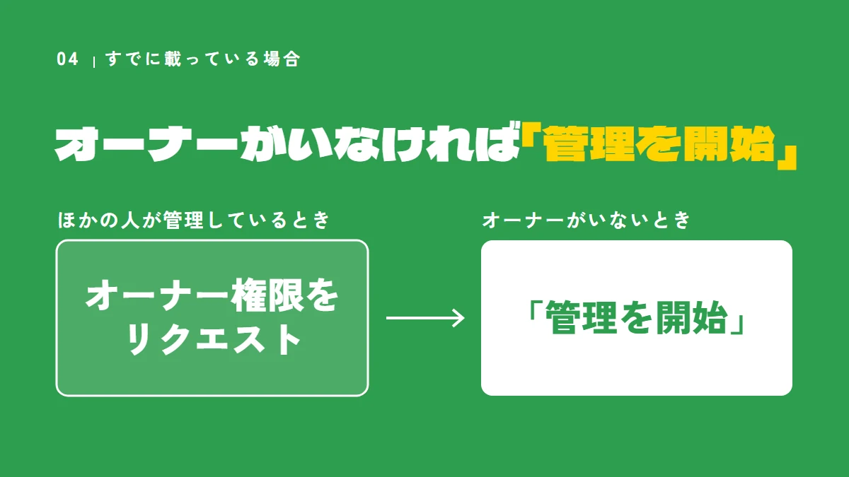 すでに載っている場合、オーナーがいなければ「管理を開始」、ほかの人が管理していればオーナー権限をリクエストすることを比べた図