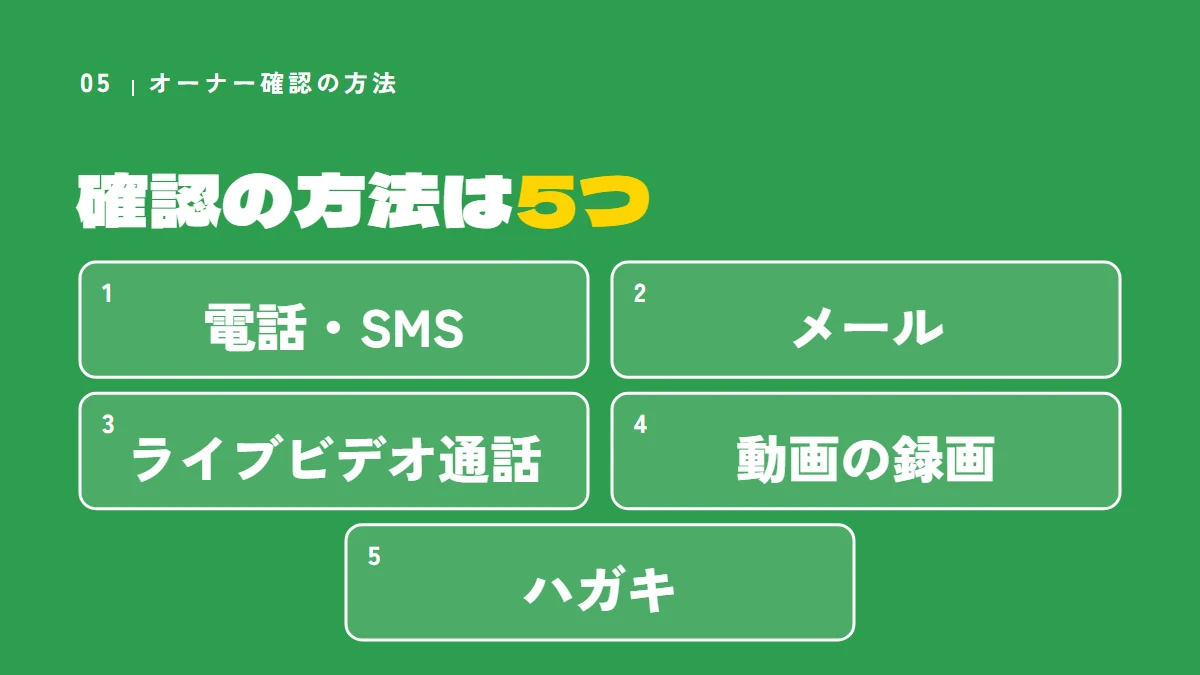 オーナー確認の5つの方法（電話・SMS、メール、ライブビデオ通話、動画の録画、ハガキ）
