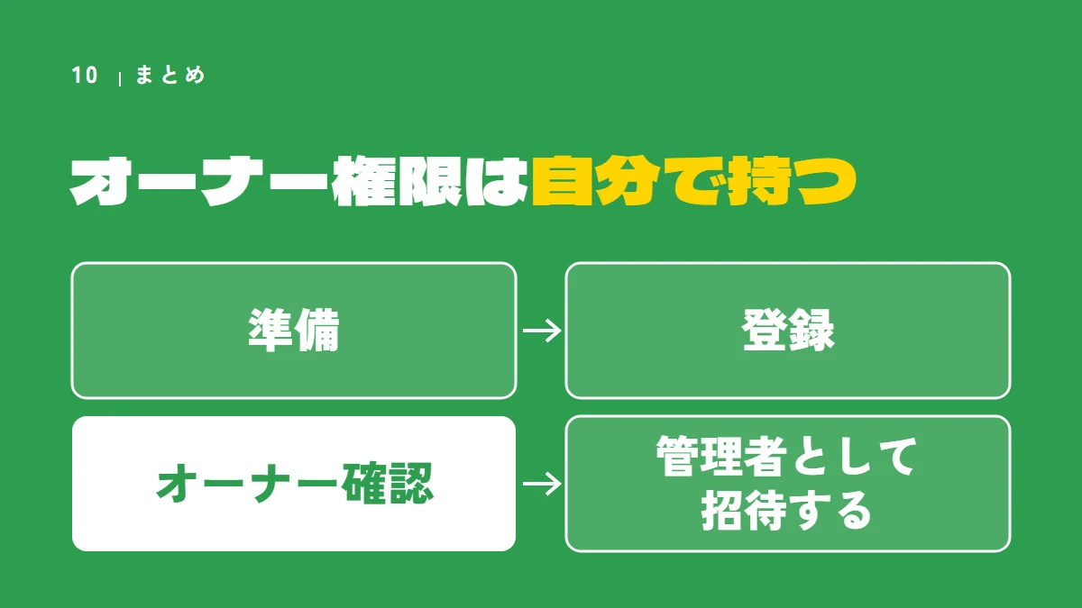 まとめ：準備・登録・オーナー確認のあと、頼む先は管理者として招待し、オーナー権限は自分で持つ