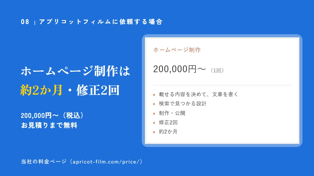 アプリコットフィルムのホームページ制作は約2か月・修正2回まで、200,000円〜（税込）。料金ページのホームページ制作のカード