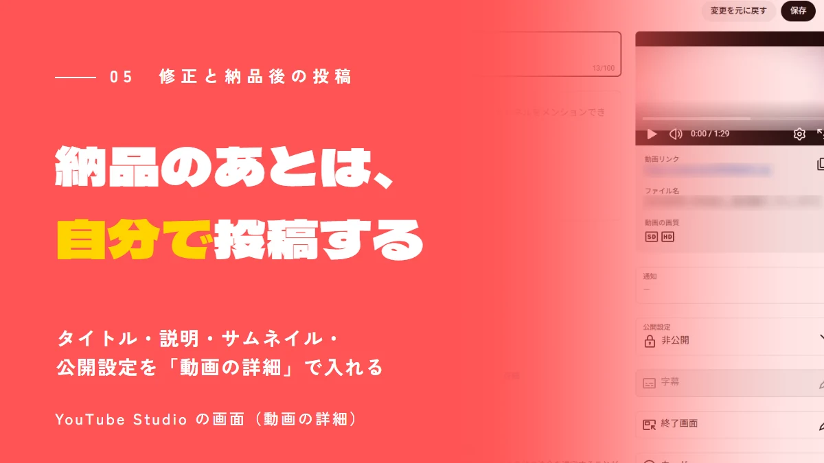 YouTube Studio の画面（動画の詳細）。納品のあとは、タイトル・説明・サムネイル・公開設定を入れて自分で投稿する