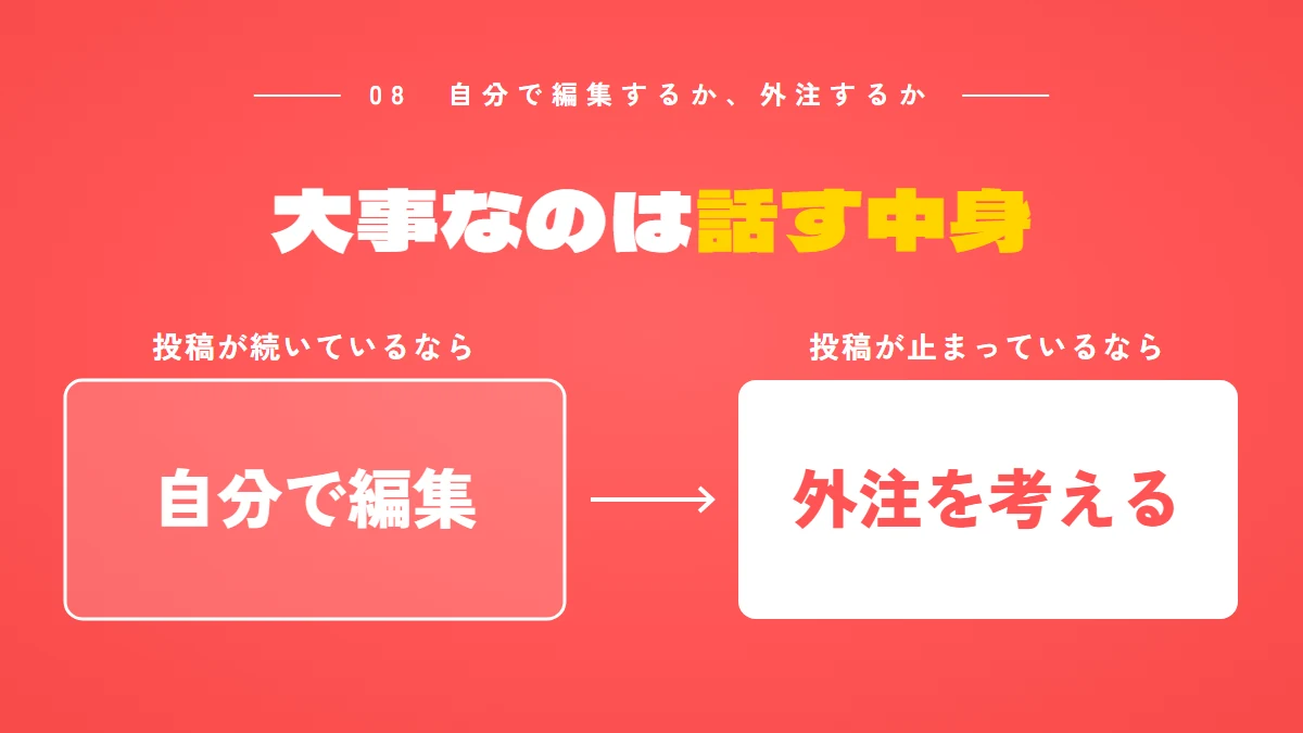 自分で編集するか外注するかの分かれ目：投稿が続いているなら自分で編集、投稿が止まっているなら外注を考える