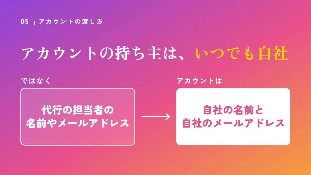 アカウントは代行の担当者の名前やメールアドレスではなく、自社の名前と自社のメールアドレスで持つ