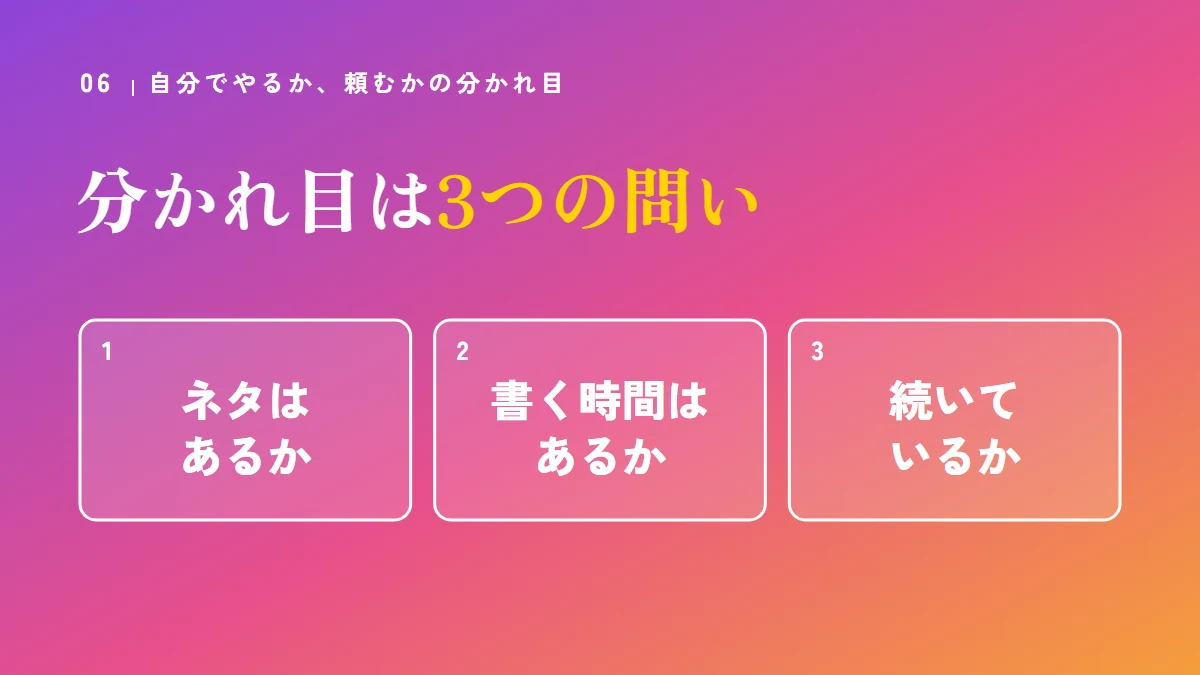 自分でやるか頼むかの分かれ目は3つの問い：ネタはあるか、書く時間はあるか、続いているか