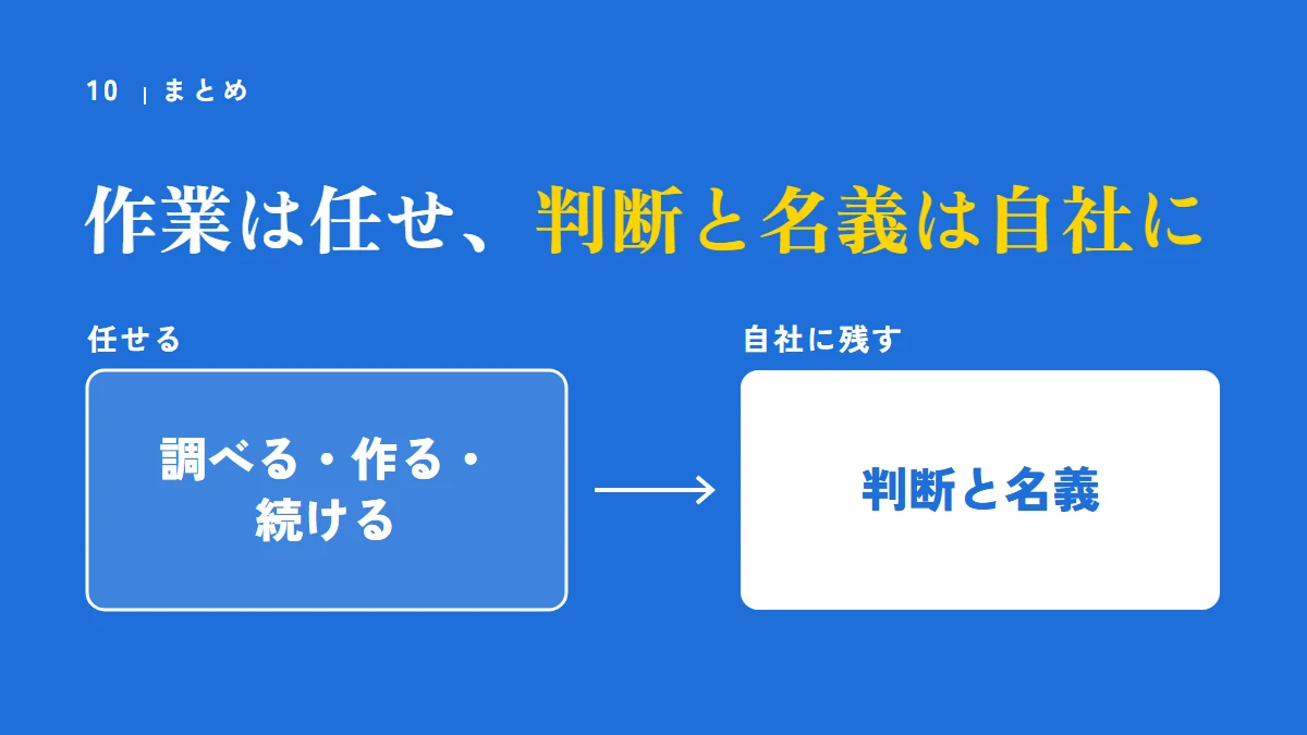 まとめ:作業は任せ、判断と名義は自社に残す