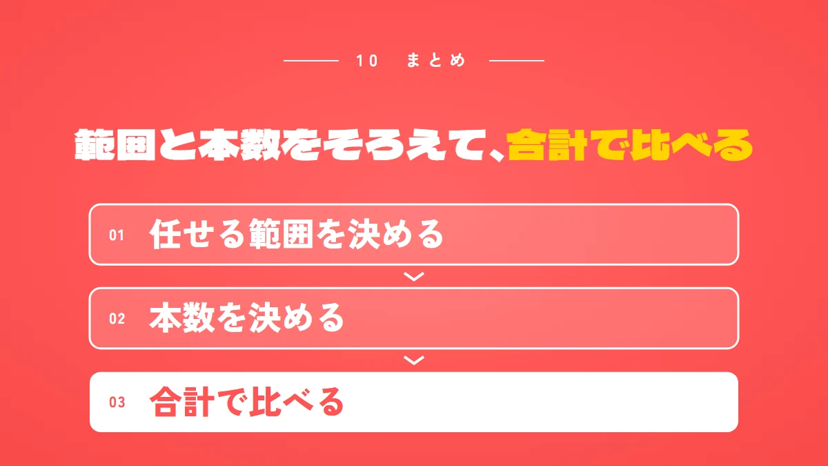 まとめ：任せる範囲と本数をそろえて、合計の金額で比べる