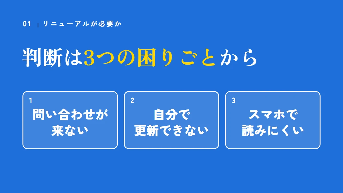 ホームページのリニューアルが必要かは3つの困りごとで判断する（問い合わせが来ない、自分で更新できない、スマホで読みにくい）