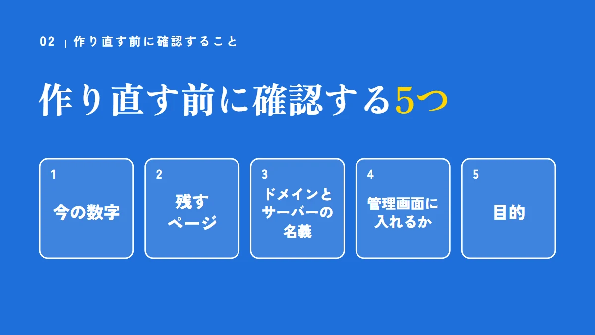 作り直す前に確認する5つ（今の数字、残すページ、ドメインとサーバーの名義、管理画面に入れるか、目的）