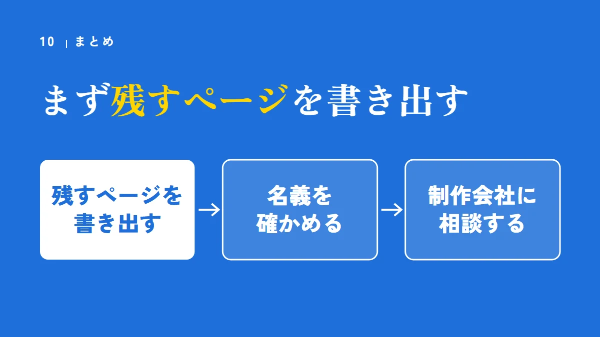 まとめ：まず残すページを書き出し、名義を確かめてから、制作会社に相談する