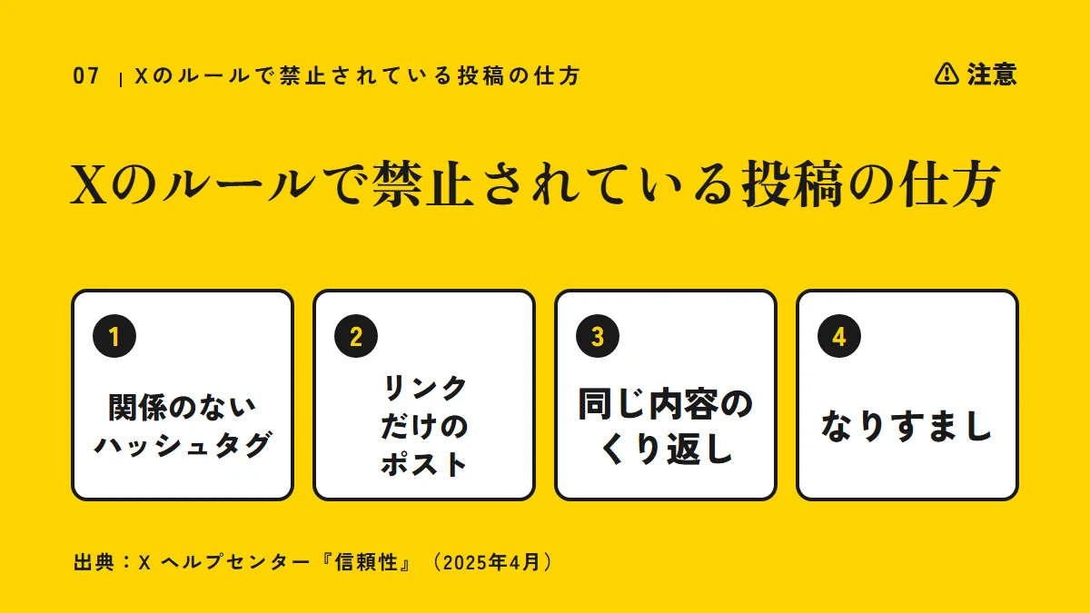 注意：Xのルールで禁止されている投稿の仕方（関係のないハッシュタグ、リンクだけのポスト、同じ内容のくり返し、なりすまし）
