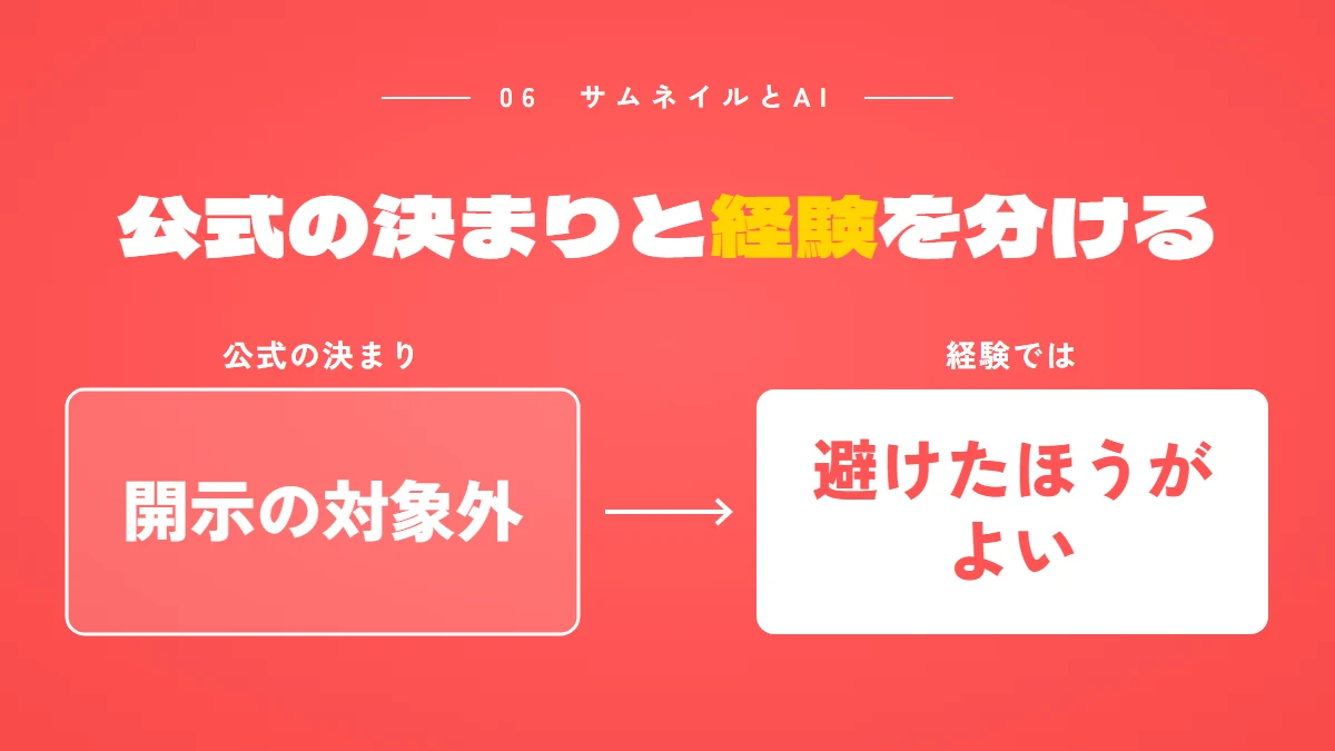 サムネイルとAI：公式の決まりでは、サムネイルの作成にAIを使うことは開示の対象外。経験では、AIで生成した画像のサムネイルは避けたほうがよいと考えている
