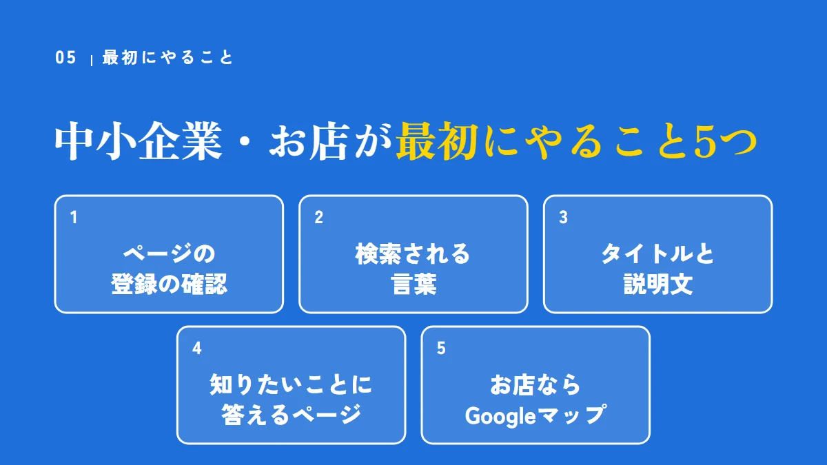 中小企業・お店が最初にやること5つ。ページの登録の確認、検索される言葉、タイトルと説明文、知りたいことに答えるページ、お店ならGoogleマップ
