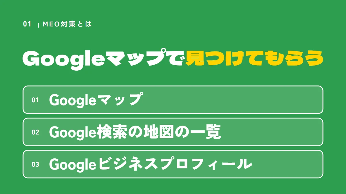 MEO対策は、Googleマップ・Google検索の地図の一覧で見つけてもらうための整備。道具はGoogleビジネスプロフィール