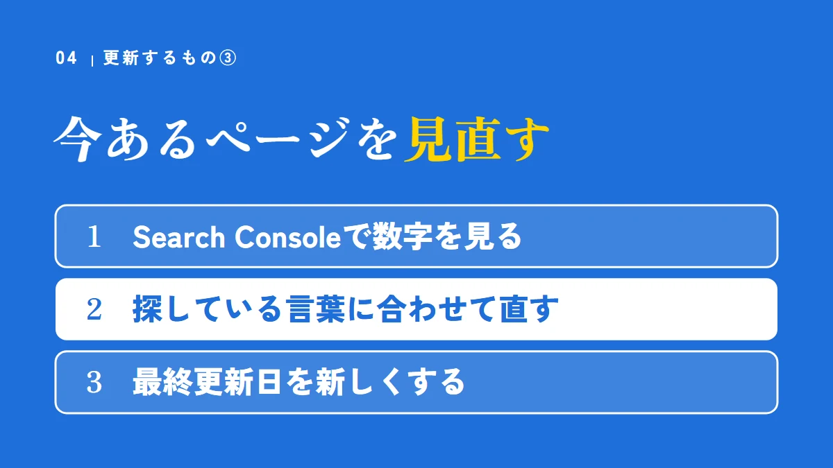 更新するもの③ページの見直し。Search Consoleで数字を見る、探している言葉に合わせて直す、最終更新日を新しくする