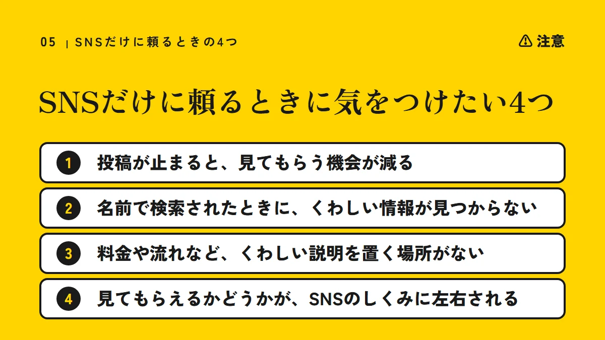注意：SNSだけに頼るときに気をつけたい4つ（投稿が止まると見てもらう機会が減る、名前で検索されたときにくわしい情報が見つからない、料金や流れなどくわしい説明を置く場所がない、見てもらえるかどうかがSNSのしくみに左右される）