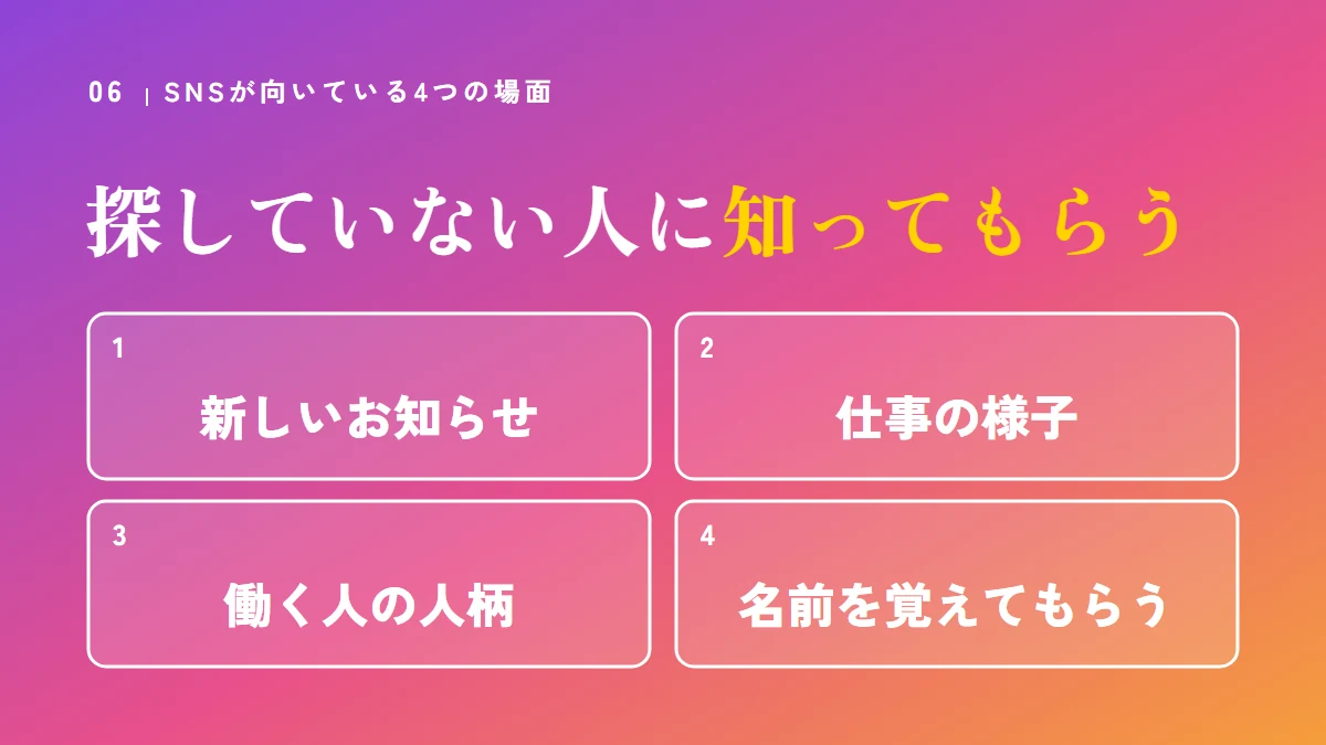 SNSが向いている4つの場面：新しいお知らせ、仕事の様子、働く人の人柄、名前を覚えてもらう