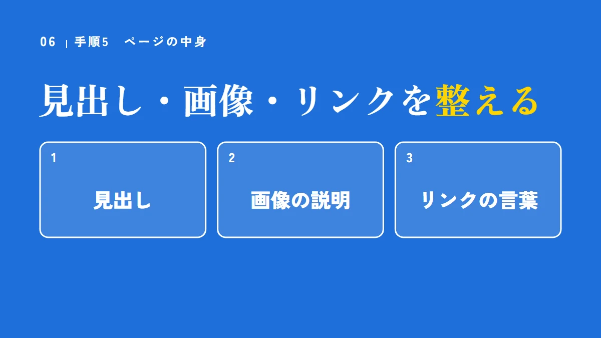 手順5:ページの中身を直す。見出し、画像の説明(代替テキスト)、リンクの言葉を整える