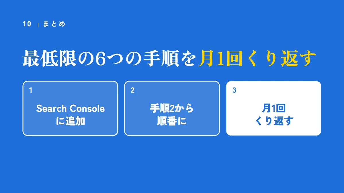 まとめ:最低限の6つの手順を月1回くり返す。Search Consoleにプロパティを追加し、手順2から順番に進め、月1回くり返す
