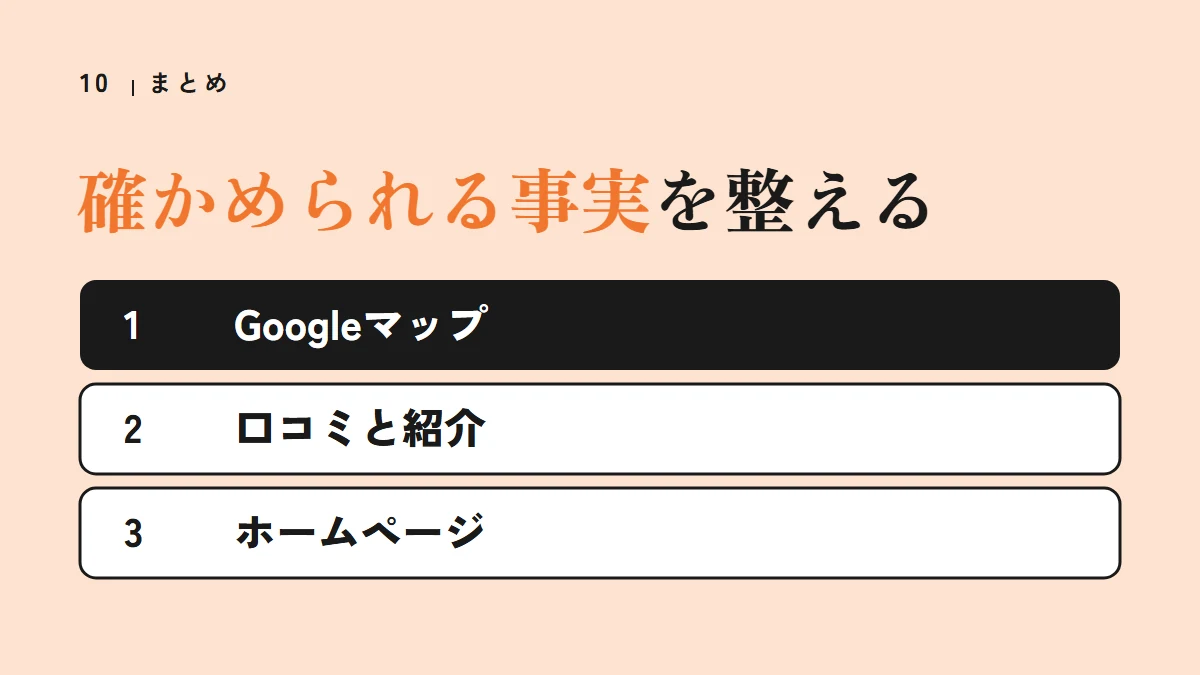 まとめ：確かめられる事実を整える（Googleマップ、口コミと紹介、ホームページ）