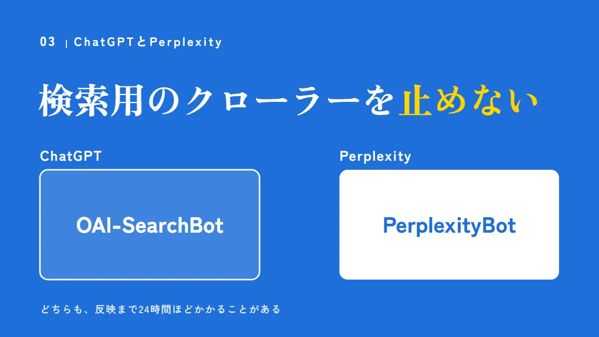 ChatGPTとPerplexity:検索用のクローラーを止めない。ChatGPTはOAI-SearchBot、PerplexityはPerplexityBot。どちらも、反映まで24時間ほどかかることがある