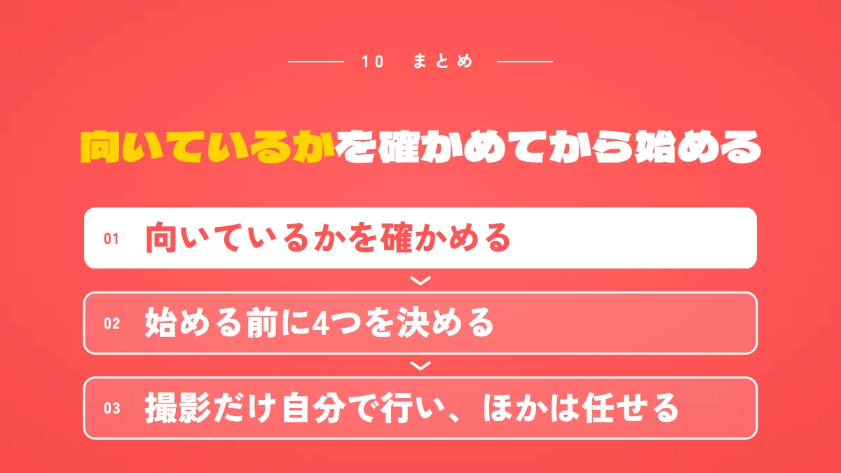 まとめ:向いているかを確かめる、始める前に4つを決める、撮影だけ自分で行いほかは任せる