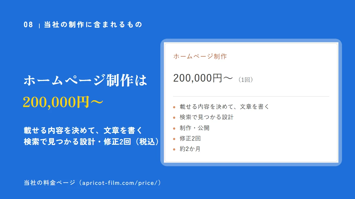 当社の制作に含まれるもの。アプリコットフィルムのホームページ制作は200,000円〜(1回・税込)。載せる内容を決めて文章を書く、検索で見つかる設計、制作・公開、修正2回、約2か月。当社の料金ページの画面