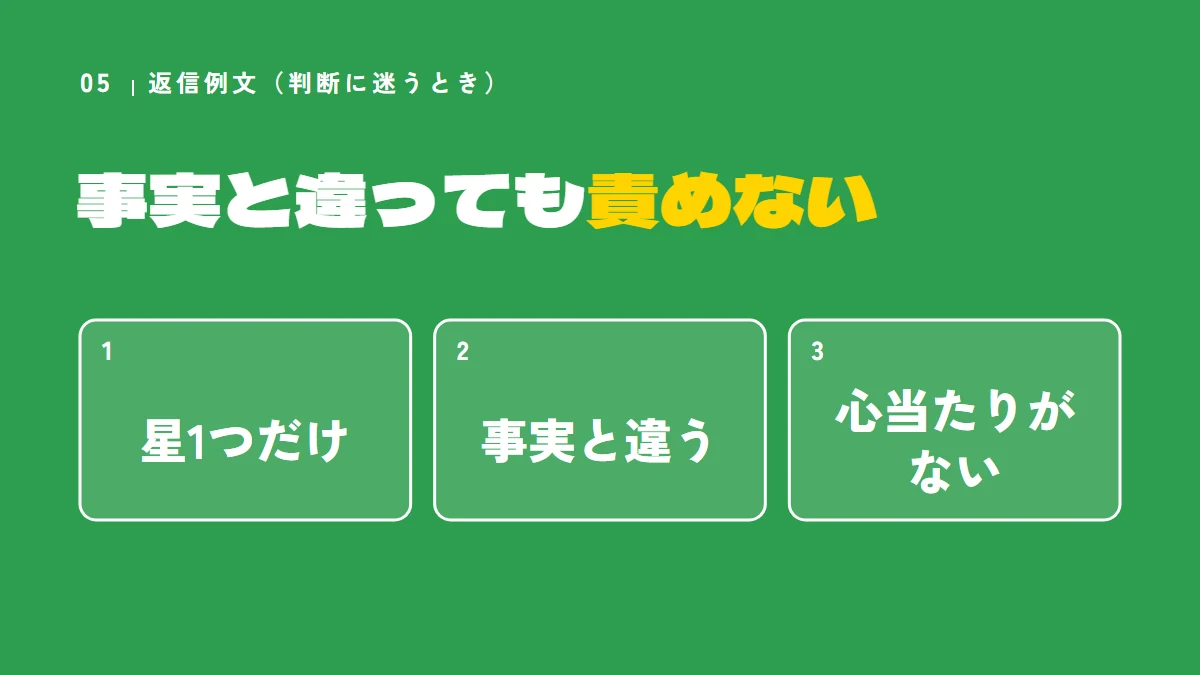 判断に迷う口コミの返信例文は、事実と違っても責めない(星1つだけ、事実と違う、心当たりがない)