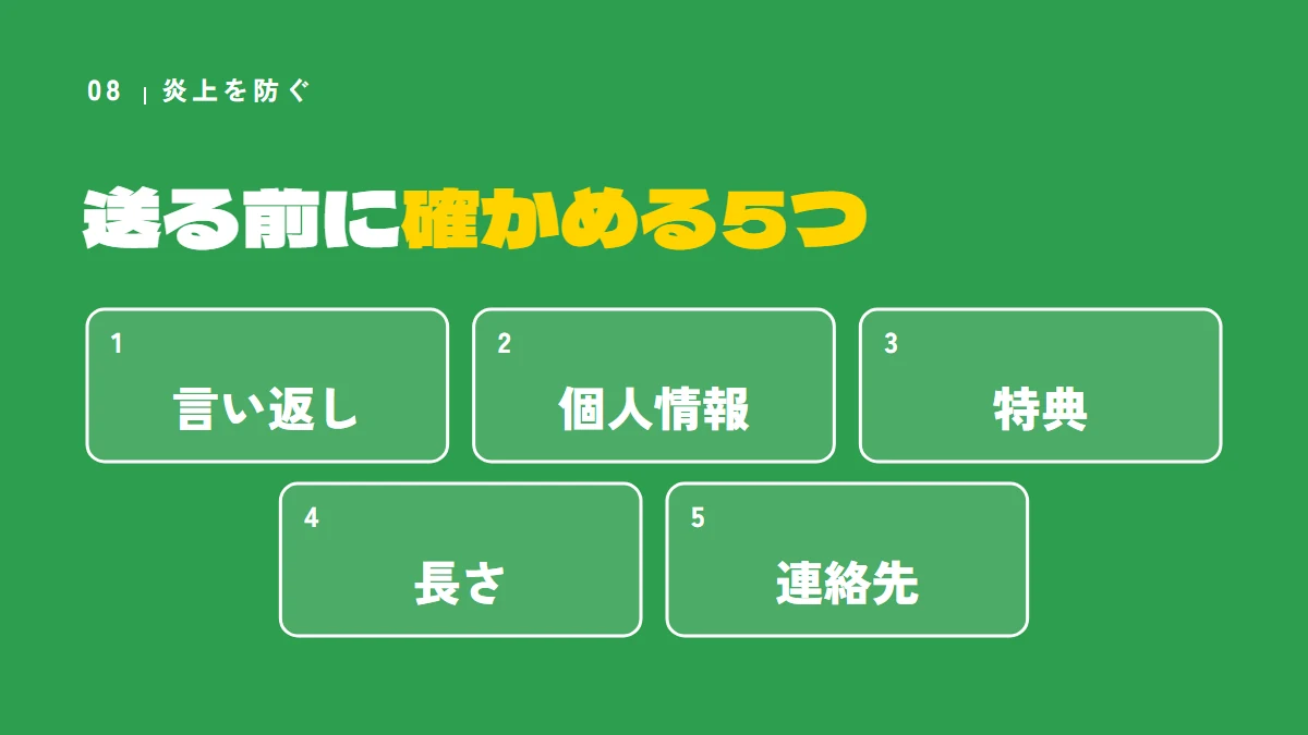 炎上を防ぐために、返信を送る前に確かめる5つ(言い返し、個人情報、特典、長さ、連絡先)