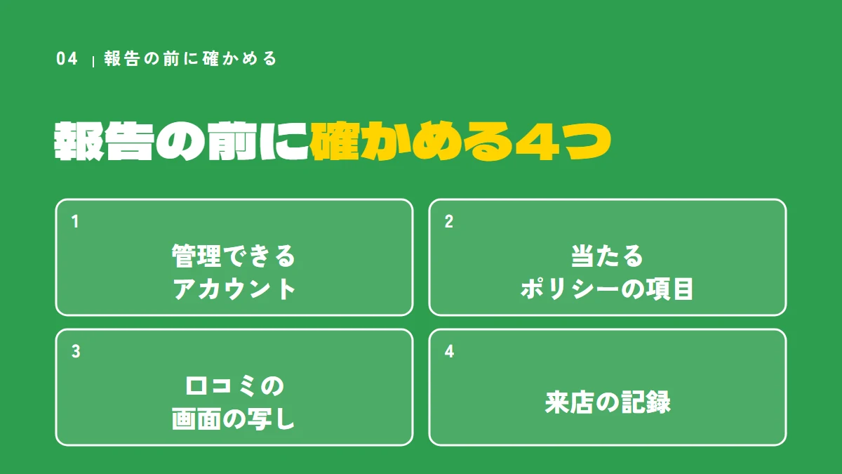 報告の前に確かめる4つ（管理できるアカウント、当たるポリシーの項目、口コミの画面の写し、来店の記録）
