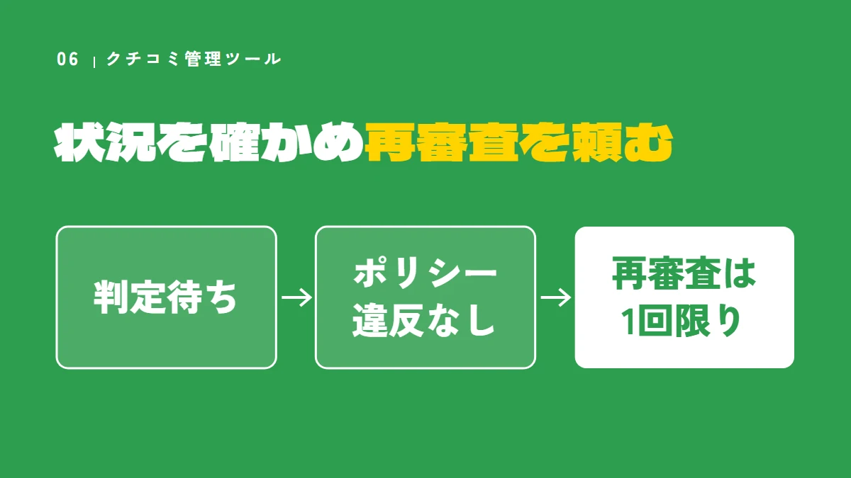 クチコミ管理ツールで状況を確かめ、再審査を頼む（判定待ち、ポリシー違反なし、再審査は1回限り）