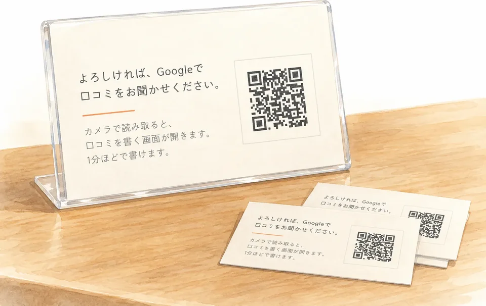 アクリルのカード立てに立てた、QRコード付きの口コミカードの水彩イラスト